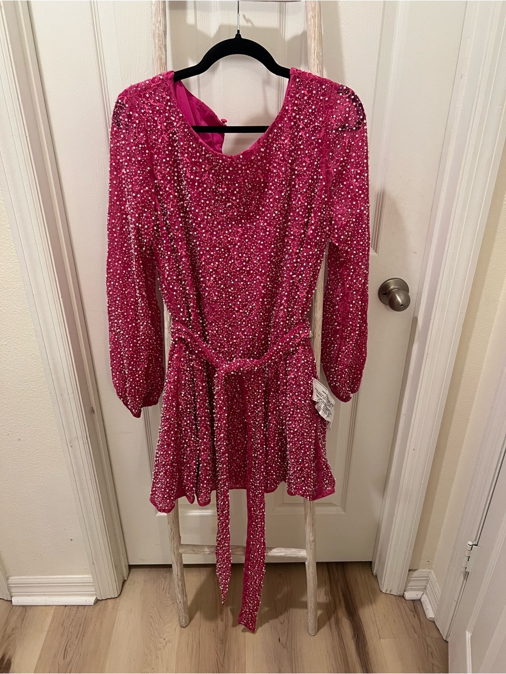 Dress the Population Fuchsia Sequin Long-Sleeve Party Dress with Tie Waist